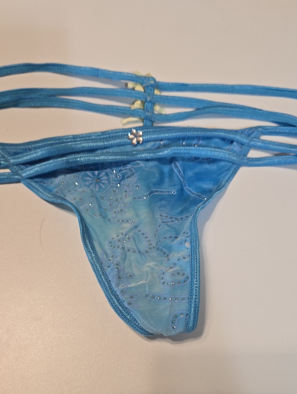 Blue Strappy Thong with Floral Rhinestone Accent